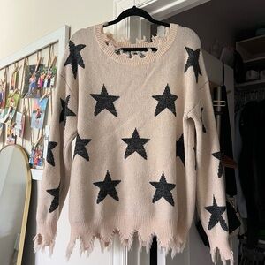 Star Pattern Distressed Sweater - Black and Cream